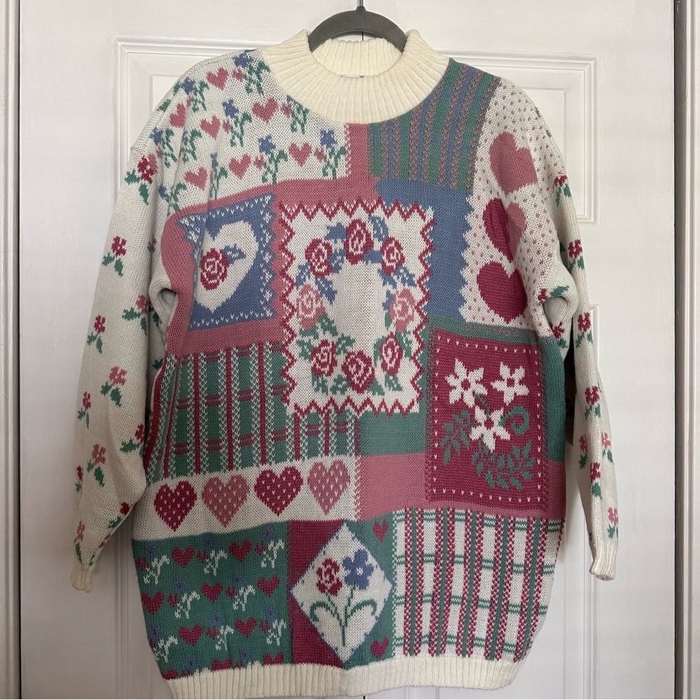 Vintage 90’s Floral/Heart Patchwork Sweater